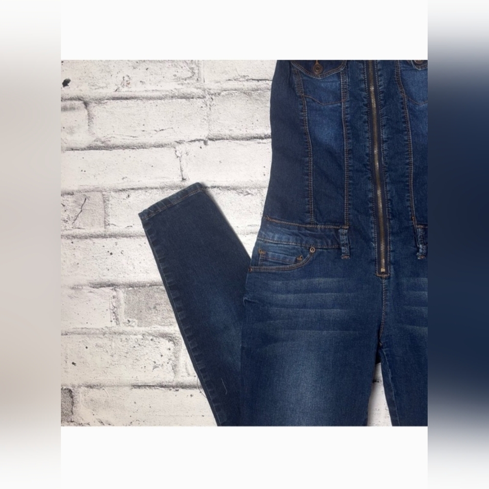 Bluenotes Denim Overalls Jumpsuit Zip Front Fitted Dark Wash - Size Small - Picture 9 of 12